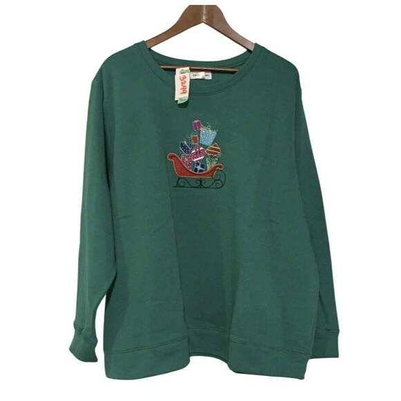 I.b.diffusion Tops - I.b.diffusion Embroidered Sleigh Presents Green Christmas Sweatshirt Size 2X